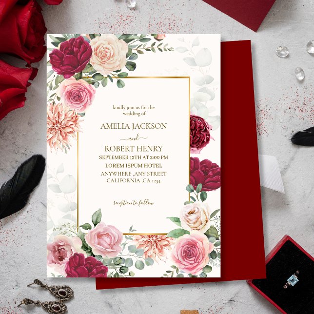 Invitación Boda floral acuático Rubor Pink & Marsala (Subido por el creador)