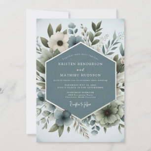 Invitación Boda Floral Acuosa Azul Pizarra