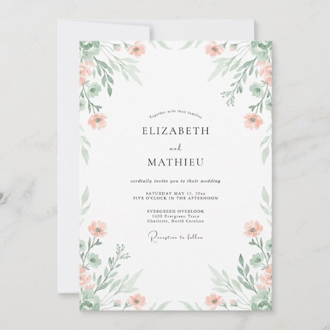 Invitación Boda floral aérea de melocotón y salvia (Anverso)