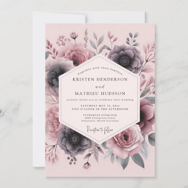 Invitación Boda floral ahumada malva (Anverso)