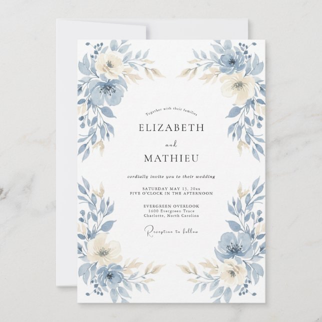 Invitación Boda floral aireada azul pizarra (Anverso)
