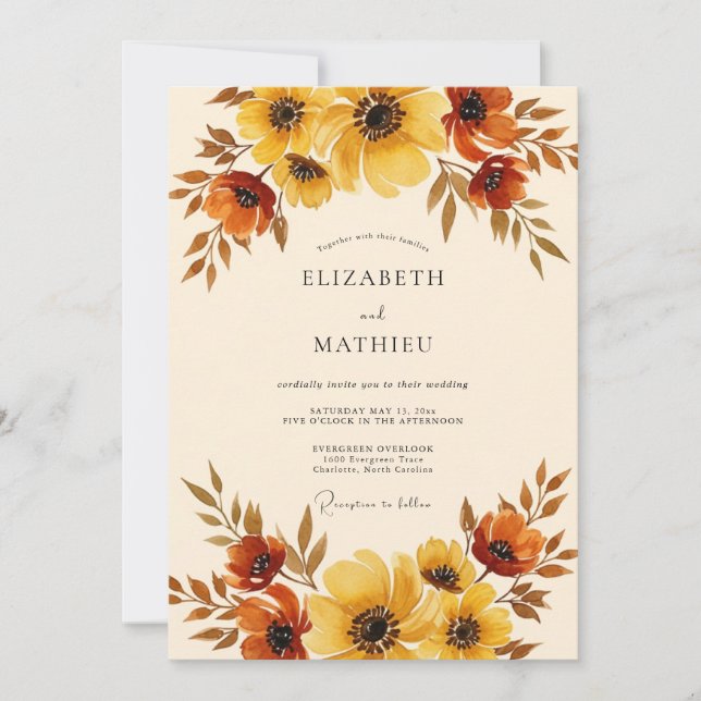 Invitación Boda floral amarilla ámbar de otoño (Anverso)