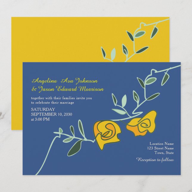Invitación Boda Floral Amarilla Azul Boho Audaz (Anverso / Reverso)