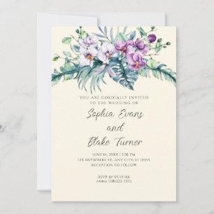 Invitación Boda floral amarilla blanca y púrpura elegante