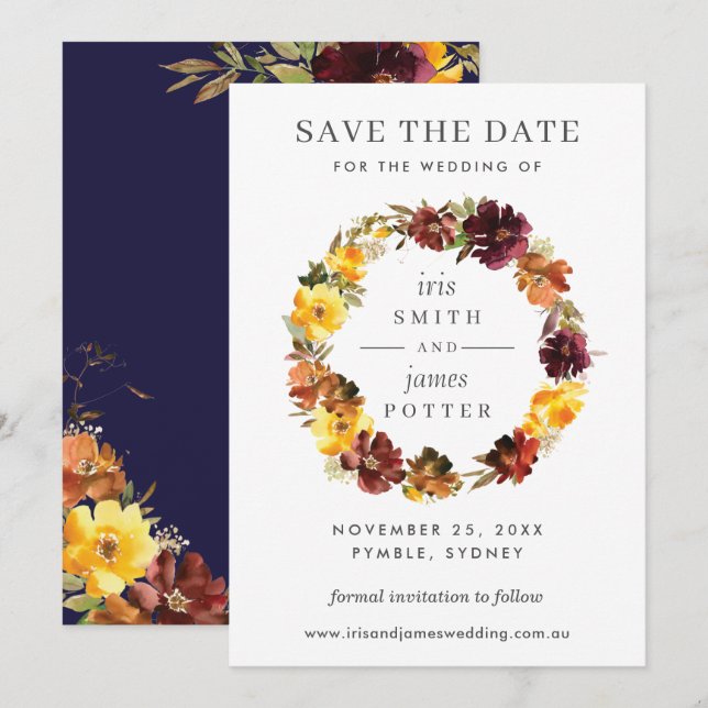 Invitación Boda floral amarilla de Borgoña salva la carta de  (Anverso / Reverso)