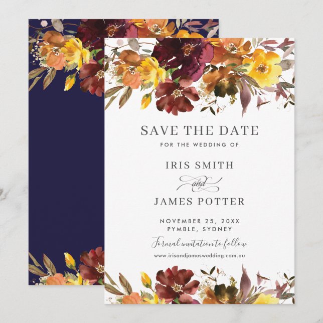 Invitación Boda floral amarilla de Borgoña salva la carta de  (Anverso / Reverso)