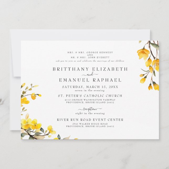 Invitación Boda Floral Amarilla de Padres Blancos Simples  (Anverso)