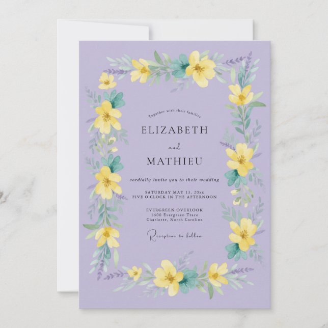 Invitación Boda floral amarilla lavanda de primavera (Anverso)