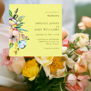 Invitación Boda floral amarilla mantecosa de verano cuadrada