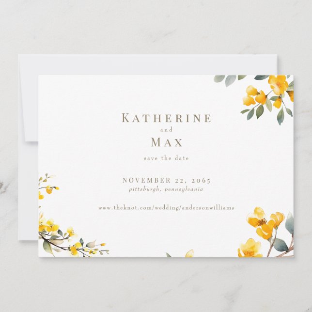 Invitación Boda floral amarilla moderna salva la fecha (Anverso)