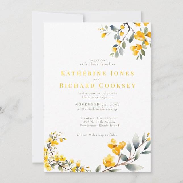 Invitación Boda floral amarilla moderna sin padres (Anverso)