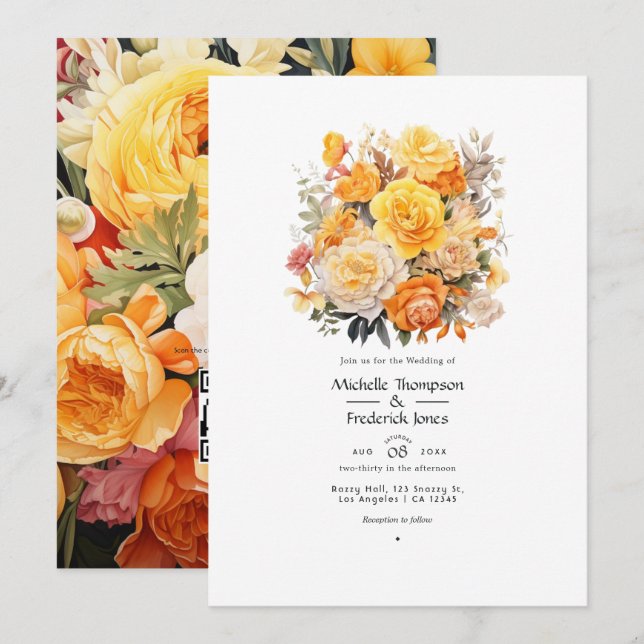 Invitación Boda floral amarilla, naranja y marfil (Anverso / Reverso)