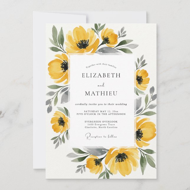 Invitación Boda Floral Amarilla Pintada (Anverso)