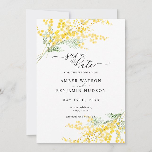 Invitación Boda floral Amarilla Primavera Mimosa Salva La Fec (Anverso)