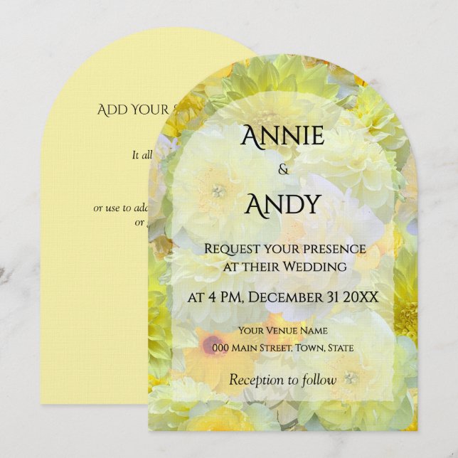 Invitación Boda floral amarilla simple con arco recortado (Anverso / Reverso)