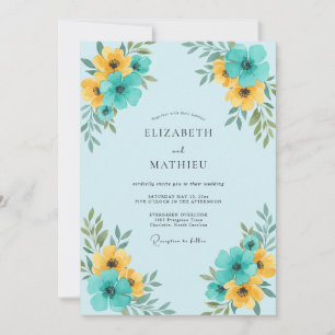Invitación Boda floral amarilla y azul turquesa