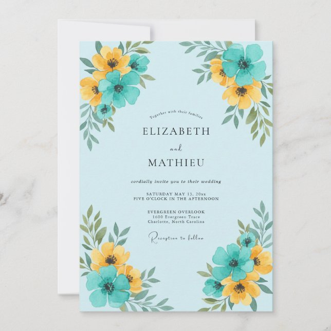 Invitación Boda floral amarilla y azul turquesa (Anverso)