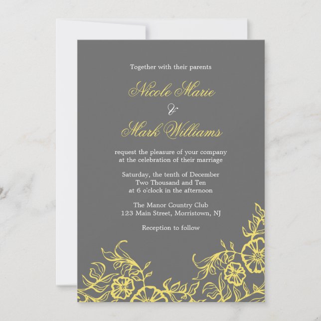 Invitación Boda floral amarilla y gris hermosa (Anverso)