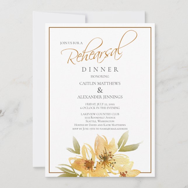 Invitación Boda floral amarillo acuarela Ensayo (Anverso)