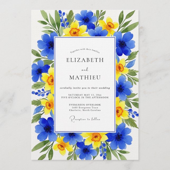 Invitación Boda Floral Amarillo Azul (Anverso)