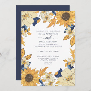 Invitación Boda floral amarillo azul girasol moderno