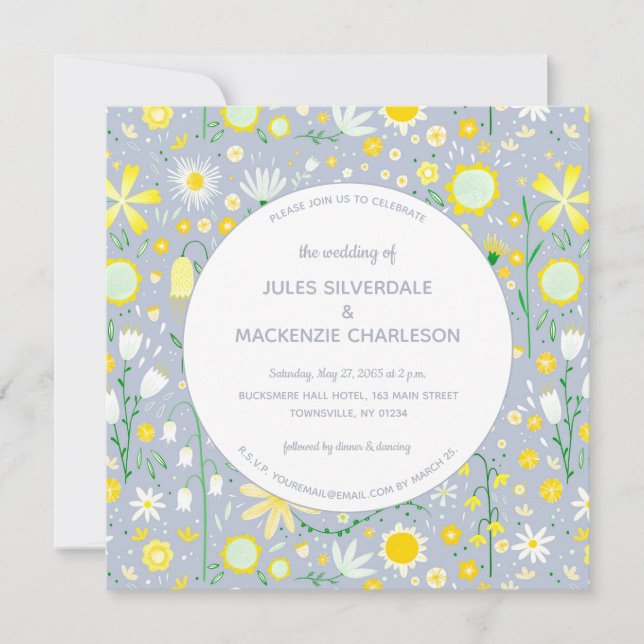Invitación Boda floral amarillo azul moderno (Anverso)