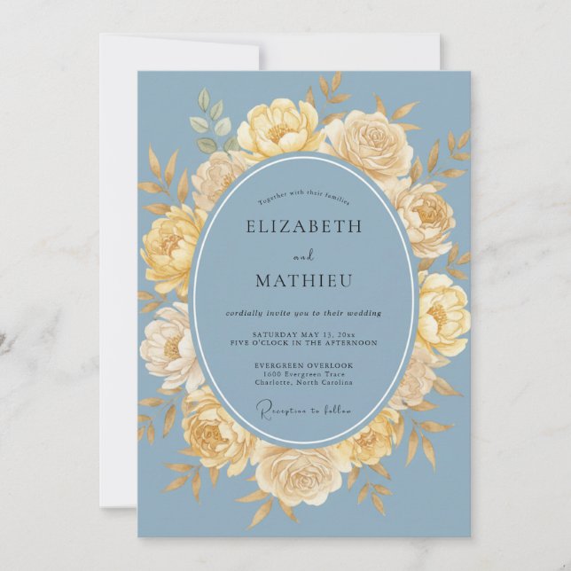 Invitación Boda Floral Amarillo Azul Polvoriento (Anverso)
