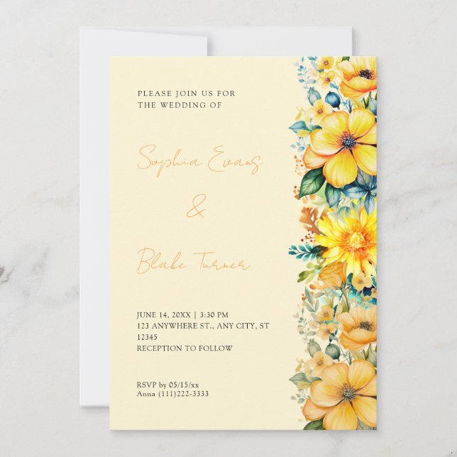 Invitación Boda Floral Amarillo Bohemio (Anverso)
