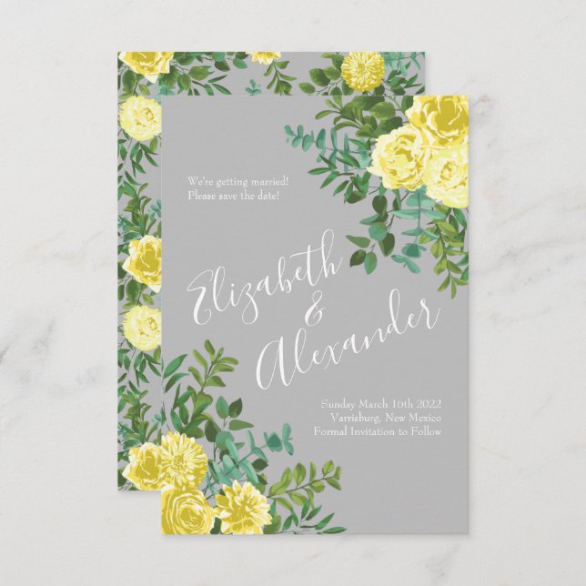 Invitación Boda floral amarillo claro y gris Rosa fecha de re (Anverso / Reverso)