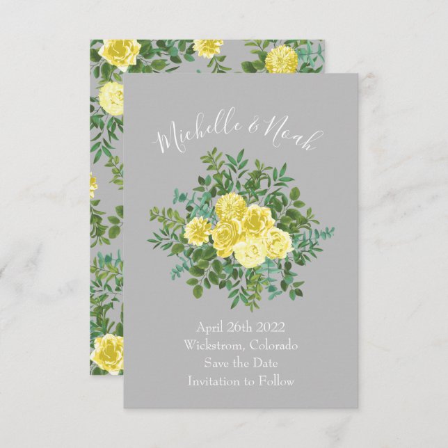 Invitación Boda floral amarillo claro y gris Rosa fecha de re (Anverso / Reverso)