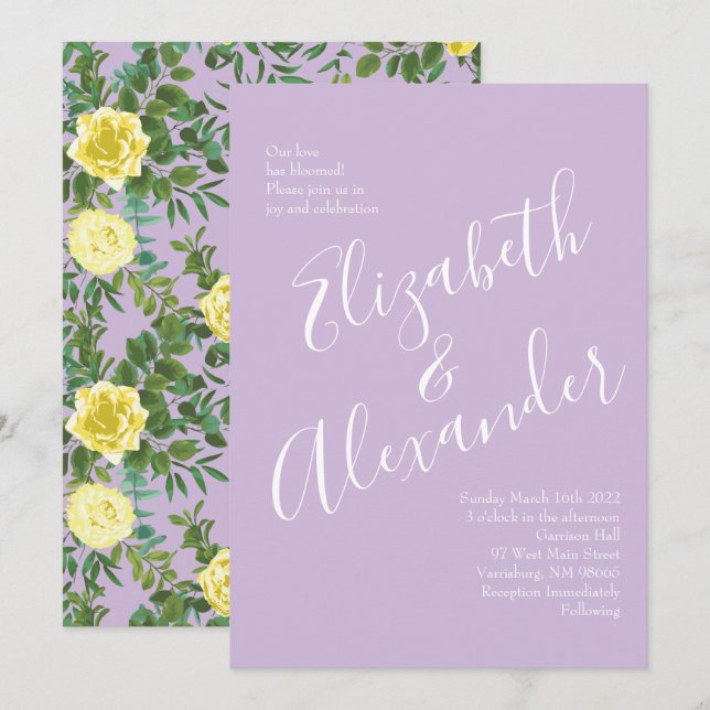 Invitación Boda floral amarillo claro y lino púrpura y Rosa (Anverso / Reverso)
