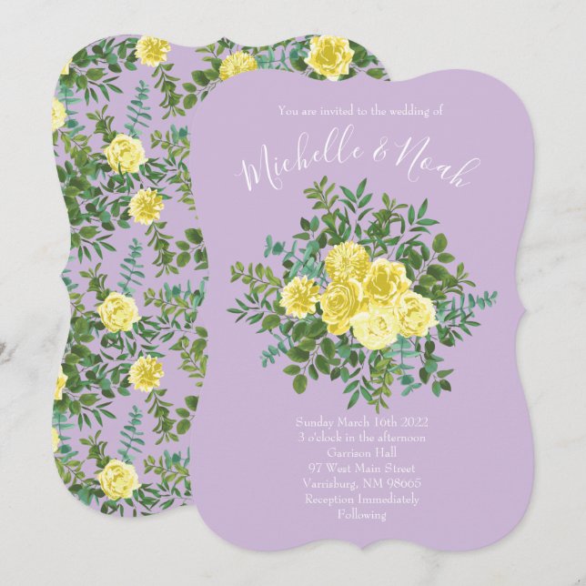 Invitación Boda floral amarillo claro y Rosa púrpura Lilac (Anverso / Reverso)