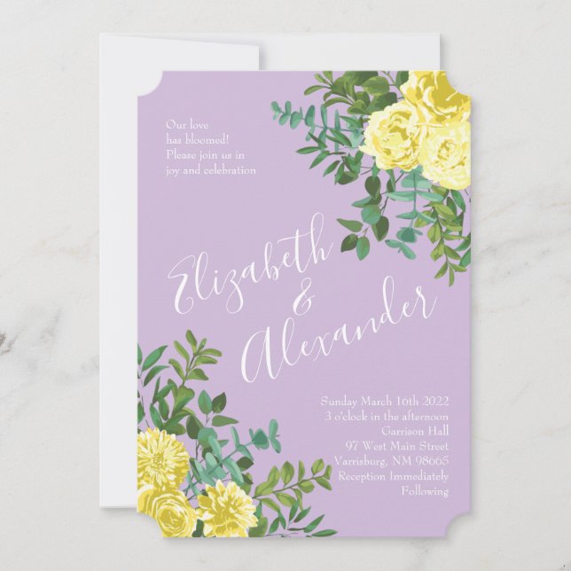 Invitación Boda floral amarillo claro y Rosa púrpura Lilac (Anverso)