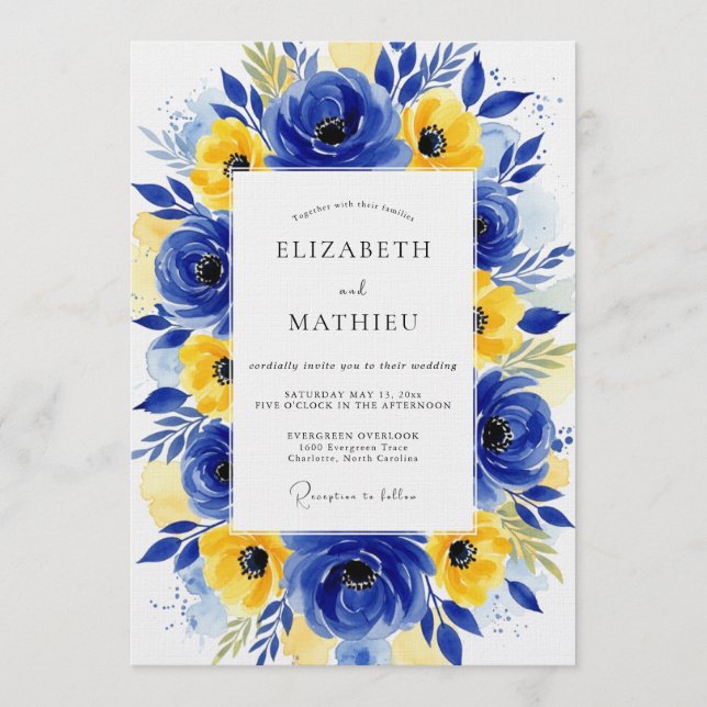 Invitación Boda Floral Amarillo Cobalto en Flor (Anverso)