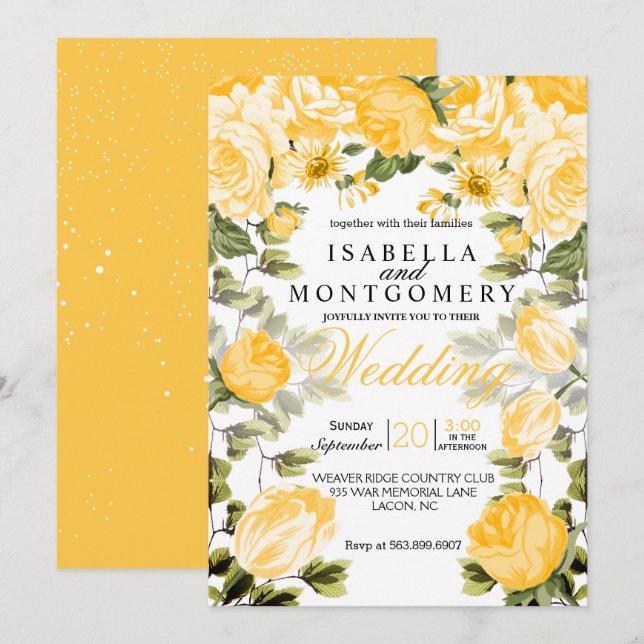 Invitación Boda floral amarillo dorado botánico (Anverso / Reverso)