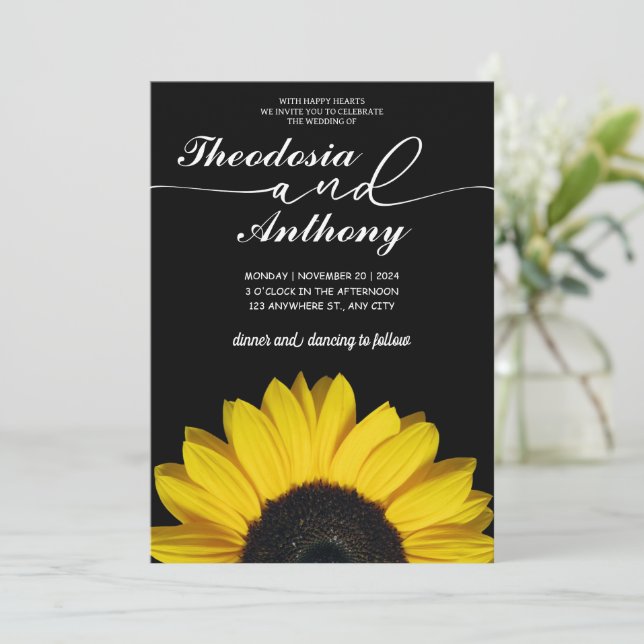 Invitación Boda floral amarillo girasol negro fondo (Anverso de pie)