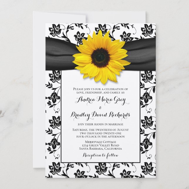 Invitación Boda floral amarillo giratorio negro Damask (Anverso)