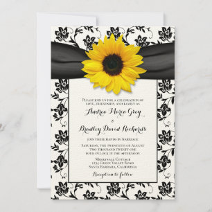 Invitación Boda floral amarillo giratorio negro Damask