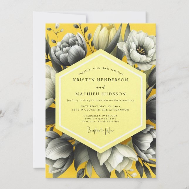 Invitación Boda Floral Amarillo Grisescale (Anverso)