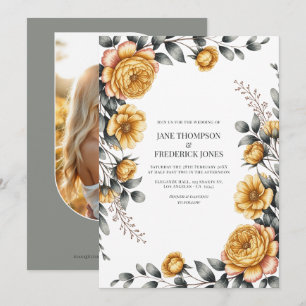 Invitación Boda floral Amarillo Mantequilla y Gris Paloma