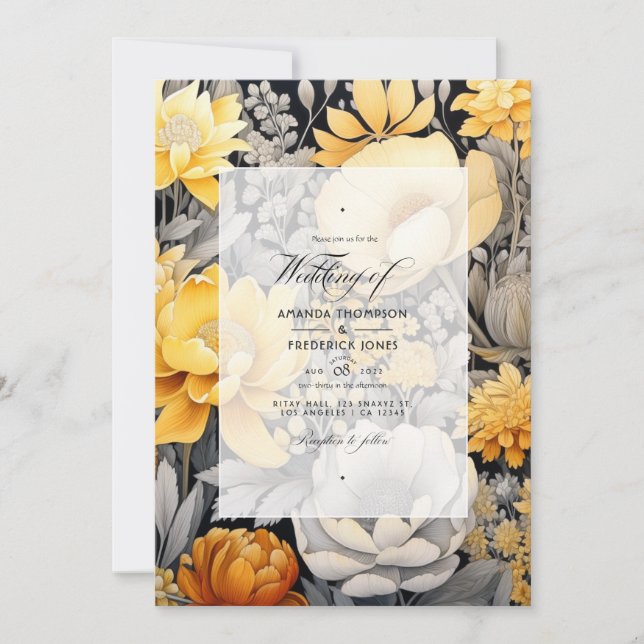 Invitación Boda floral amarillo mostaza y gris claro (Anverso)
