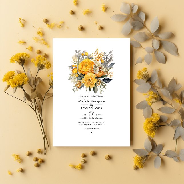Invitación Boda floral amarillo mostaza y gris claro (Subido por el creador)