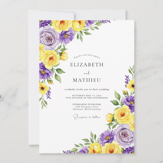 Invitación Boda Floral Amarillo Purpura (Anverso)