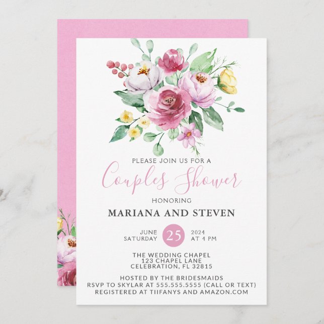 Invitación Boda floral amarillo rosa duchas de parejas (Anverso / Reverso)