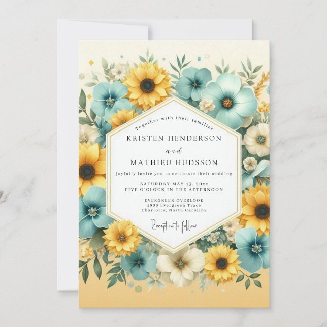 Invitación Boda Floral Amarillo Teal (Anverso)