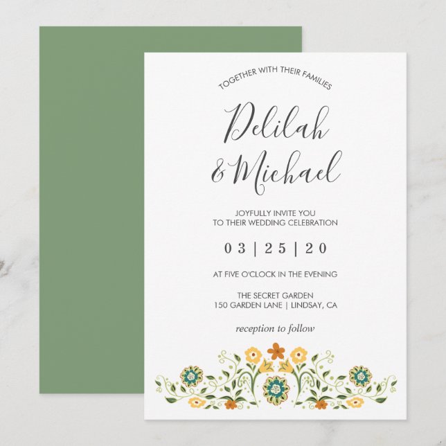 Invitación Boda floral amarillo verde moderno (Anverso / Reverso)