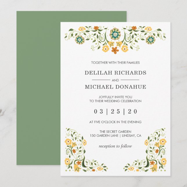 Invitación Boda floral amarillo verde moderno (Anverso / Reverso)