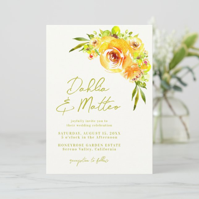 Invitación Boda Floral Amarillo Verde Rústico Manuscrito (Anverso de pie)