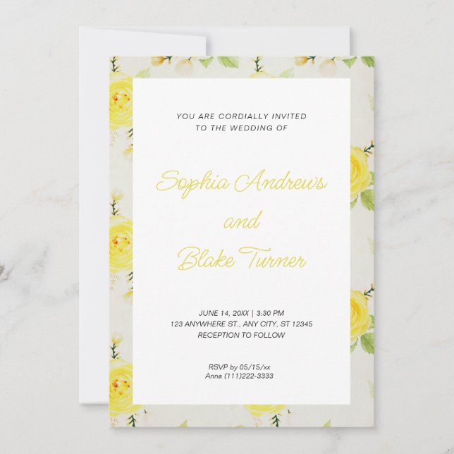 Invitación Boda floral amarillo vintage y elegante (Anverso)