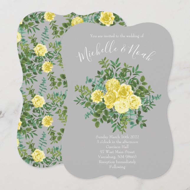 Invitación Boda floral amarillo y gris claro y Rosa (Anverso / Reverso)